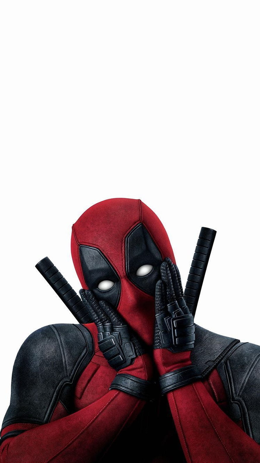 Deadpool in red and black suit with crossed swords and hands covering face on white background HD phone wallpaper