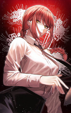 Makima from Chainsaw Man in a white shirt with braided red hair against a crimson spider lily backdrop HD phone wallpaper