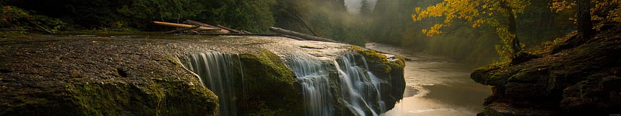Mossy Forest Waterfall Chute with Misty River and Autumn Foliage HD wallpaper