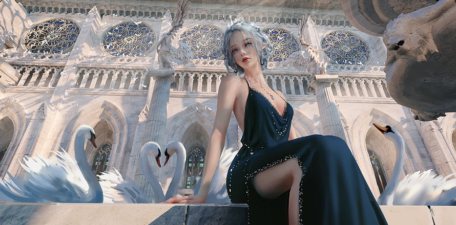 Ethereal Fantasy Woman in Black Gown with Swans Before Gothic Cathedral HD wallpaper