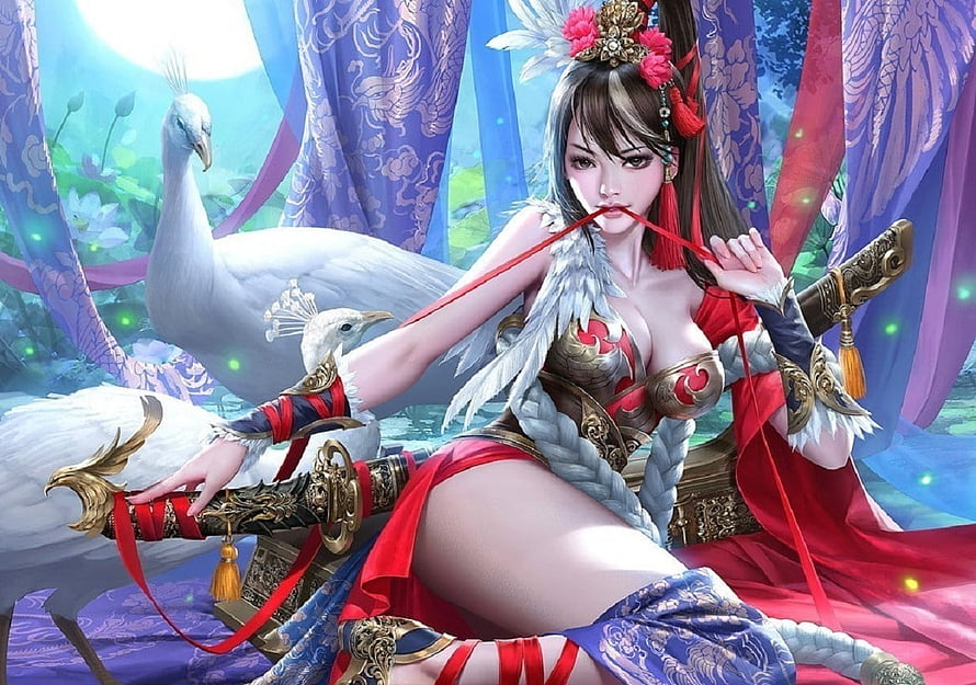 Fantasy warrior woman in ornate armor with white cranes and flowing silk ribbons HD wallpaper