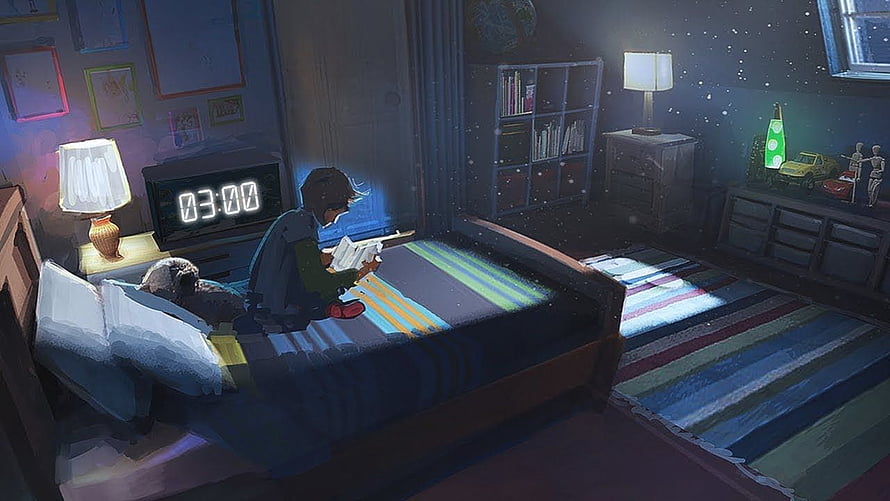 Cozy Bedroom Night Scene with Person Reading in Bed and Digital Clock HD wallpaper