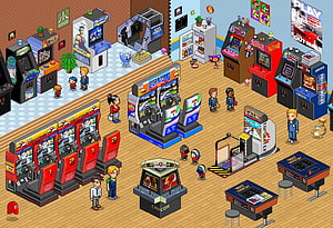 Isometric Pixel Art Arcade Interior With Classic Retro Gaming Machines And Players HD wallpaper
