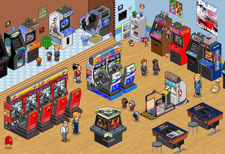Isometric Pixel Art Arcade Interior With Classic Retro Gaming Machines And Players HD wallpaper
