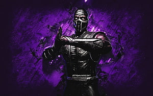 Noob Saibot from Mortal Kombat in a dark fighting stance against a textured purple background HD wallpaper