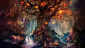 Glowing Fantasy Tree in a Mystical Cave with Waterfalls and Bioluminescent Flowers HD wallpaper