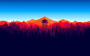 Stylized Fire Watchtower Silhouette Against Vibrant Sunset Mountain Range HD wallpaper
