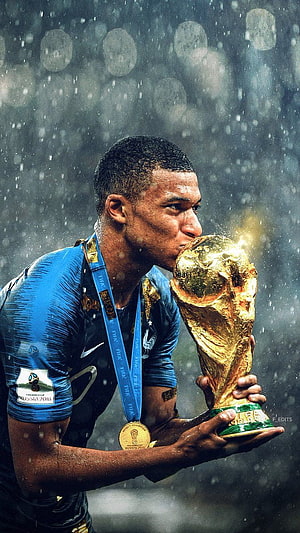 Kylian Mbappe Kissing The FIFA World Cup Trophy In France Kit HD phone wallpaper