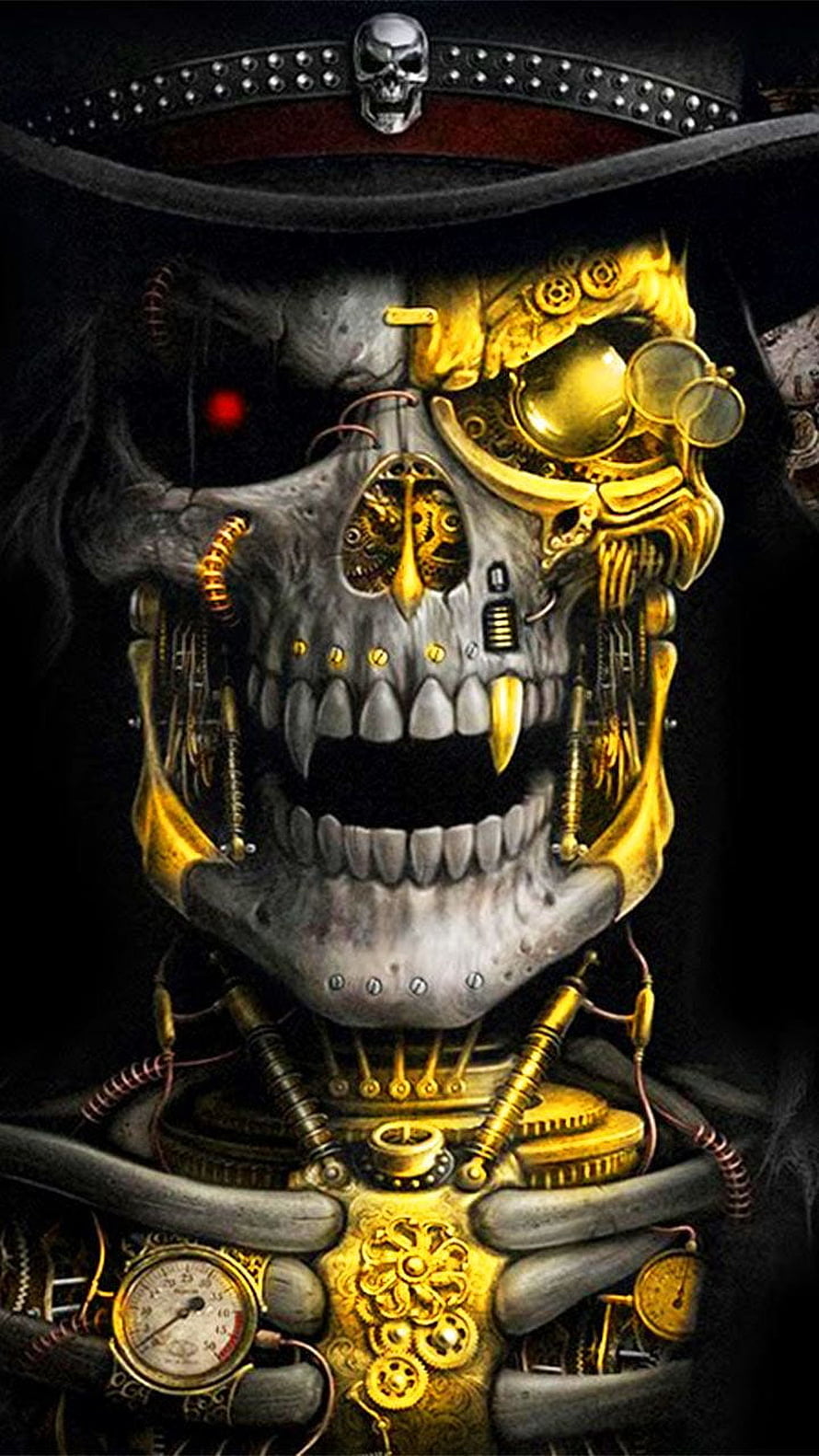 Steampunk Skull with Mechanical Gears and Golden Cybernetic Augments HD phone wallpaper