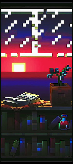 Minecraft Pixel Art Study Scene with Bookshelf and Sunset View HD phone wallpaper