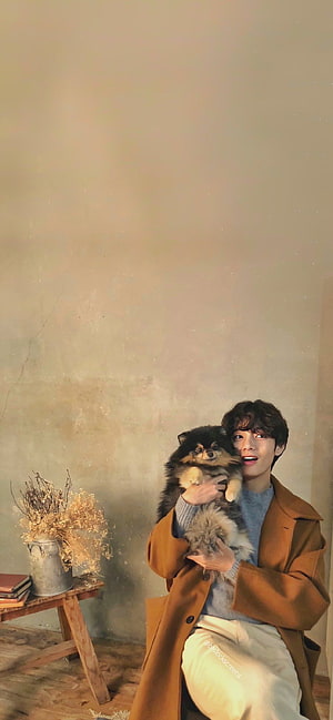 Kim Taehyung Holding Yeontan Pomeranian in Warm Rust Coat HD phone wallpaper