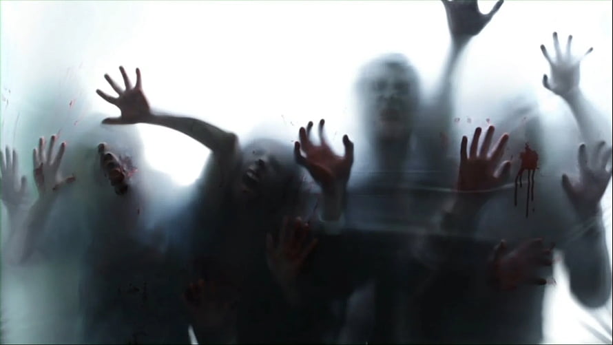 Horror Scene of Zombies Pressing Against a Foggy Window with Blood Stains HD wallpaper