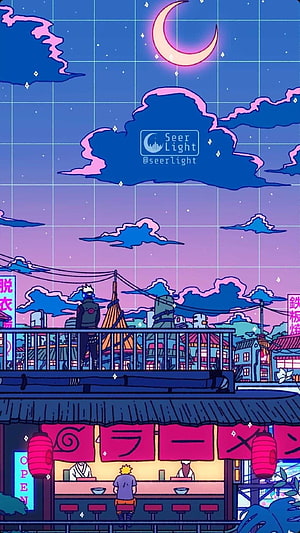 Naruto and Kakashi at a Ramen Shop Under a Crescent Moon in a Lofi Anime Night Scene HD phone wallpaper