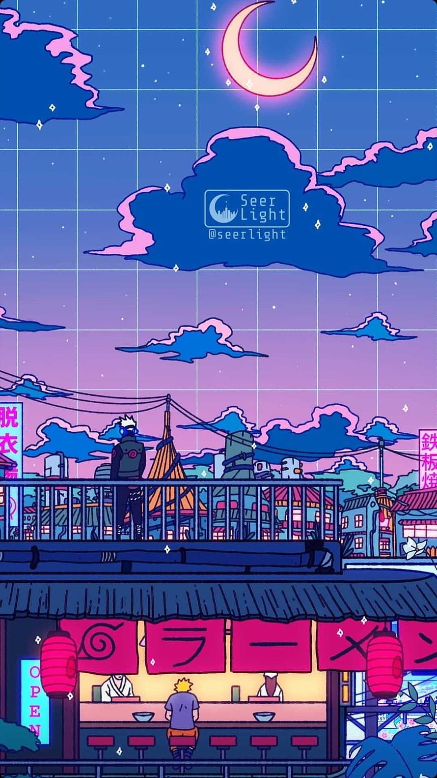 Naruto and Kakashi at a Ramen Shop Under a Crescent Moon in a Lofi Anime Night Scene HD phone wallpaper