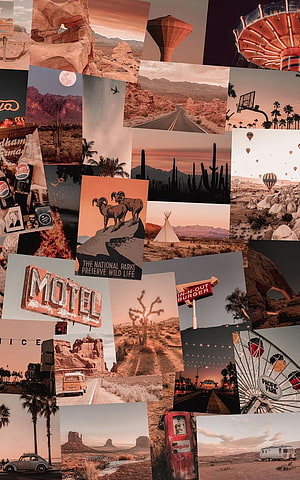 Retro Desert Travel Collage with Vintage Road Trip and National Park Aesthetic HD phone wallpaper