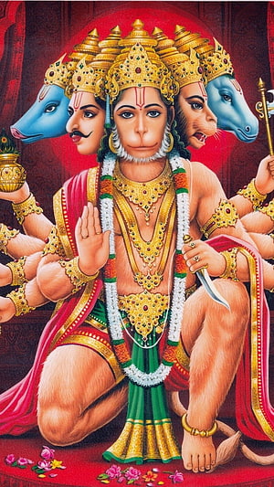 Panchmukhi Hanuman Devotional Artwork with Five Faces and Golden Ornaments, Panchmukhi Hanuman, Hanuman HD phone wallpaper