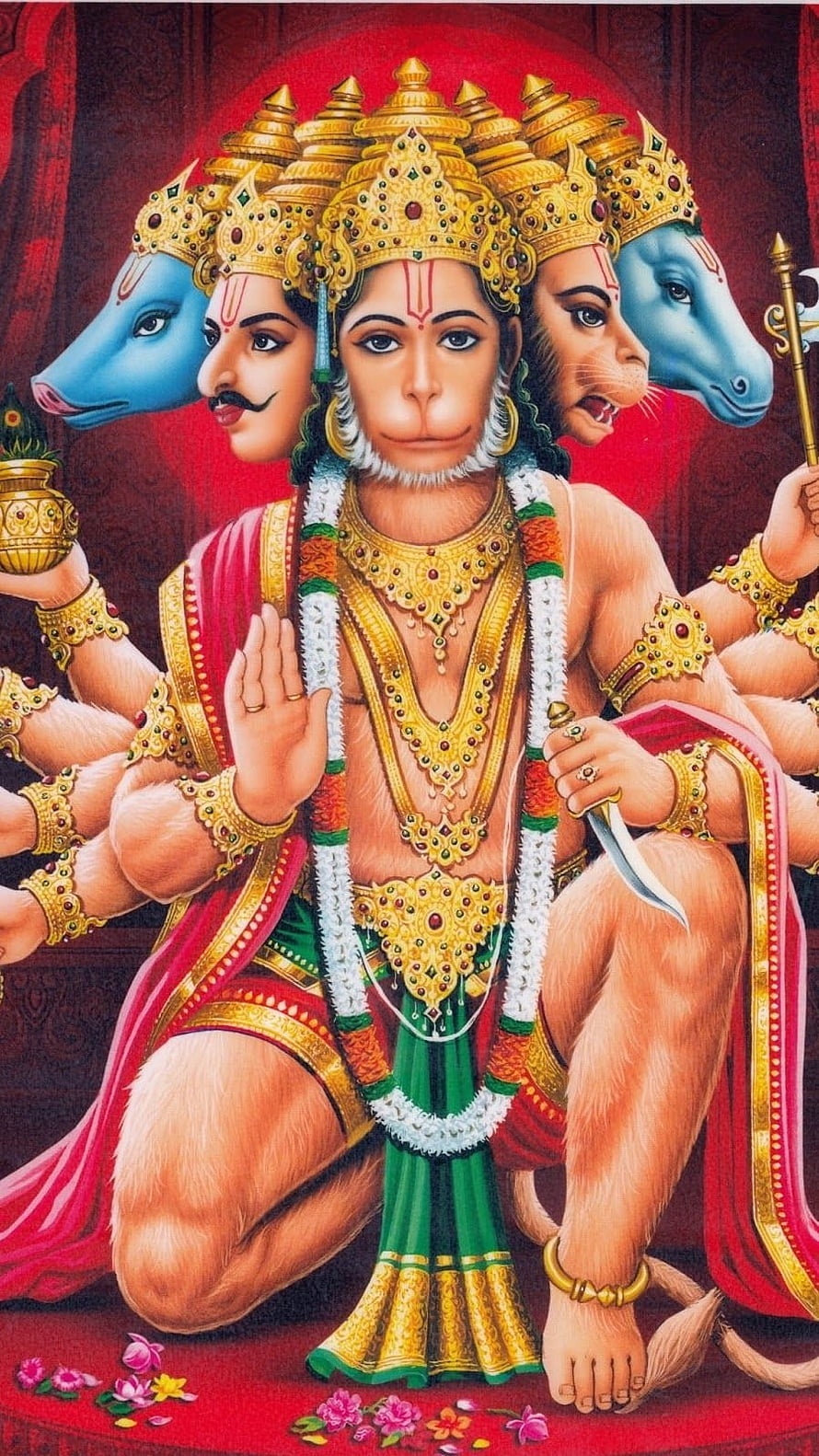 Panchmukhi Hanuman Devotional Artwork with Five Faces and Golden Ornaments HD phone wallpaper