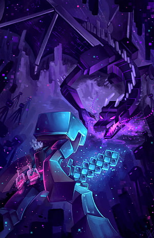 Minecraft The End Dragon and Enderman Confrontation in Dark Purple Fantasy Landscape HD phone wallpaper