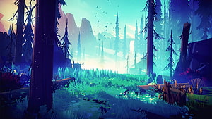 Stylized Digital Art of a Misty Forest Clearing with Tall Pines and Glowing Undergrowth HD wallpaper