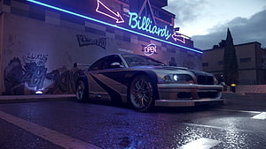 NFS Most Wanted BMW M3 GTR E46 parked under neon billiards sign at night HD wallpaper