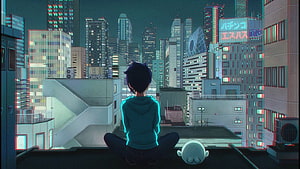 Anime Character Sitting on Rooftop Overlooking Neon City at Night HD wallpaper