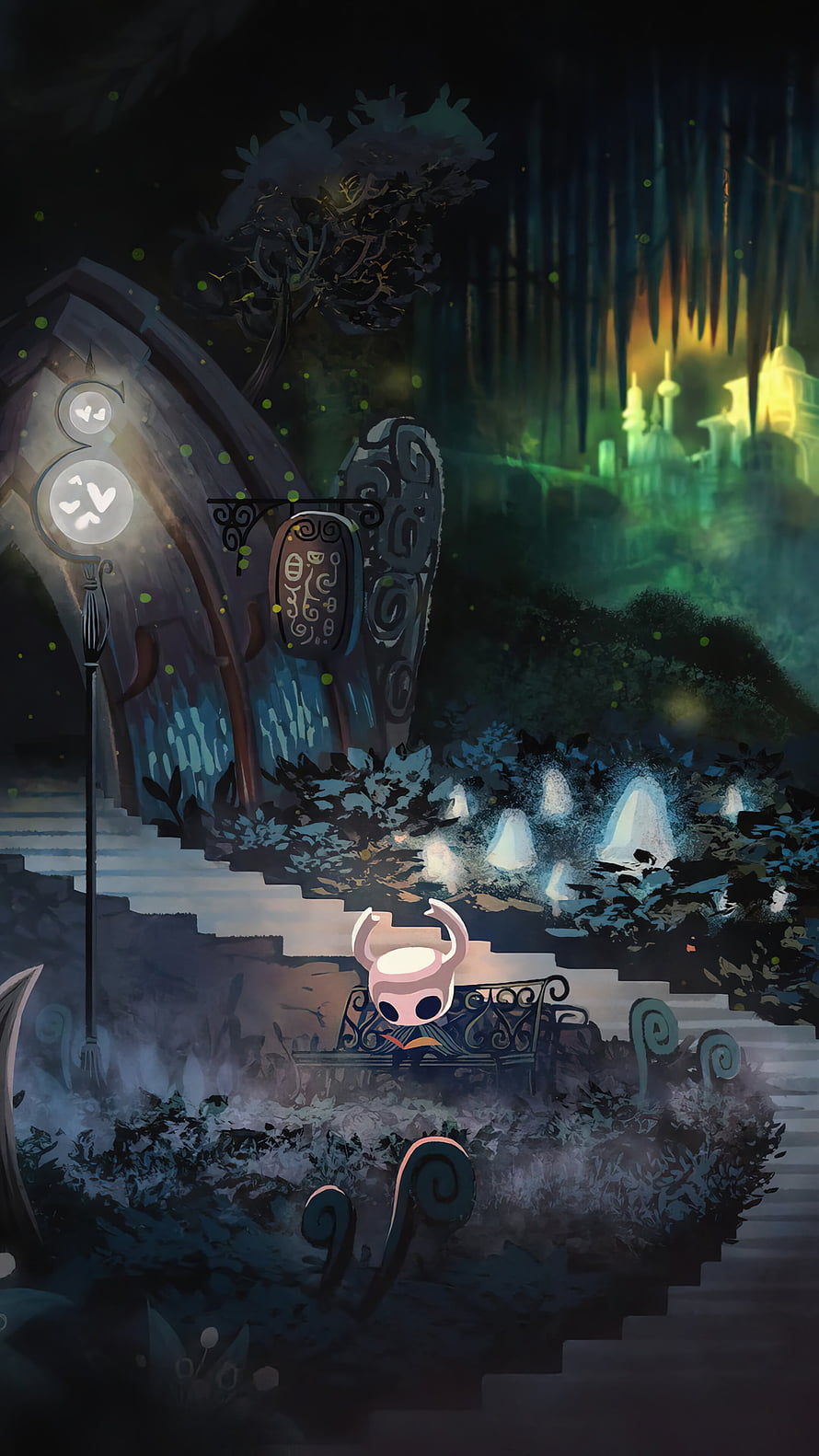 Hollow Knight character resting on a bench in a dark, atmospheric garden with glowing lanterns and misty stairs HD phone wallpaper