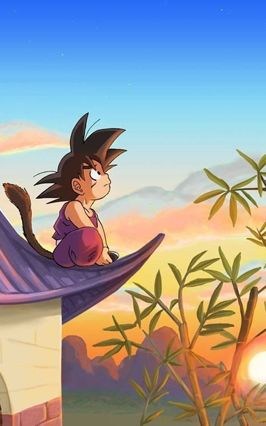 Young Goku Sitting on a Roof at Sunset in Dragon Ball HD phone wallpaper