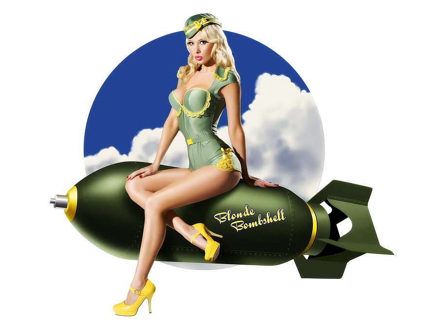 Blonde Bombshell Pin Up Girl in Military Uniform Sitting on a Green Bomb HD wallpaper