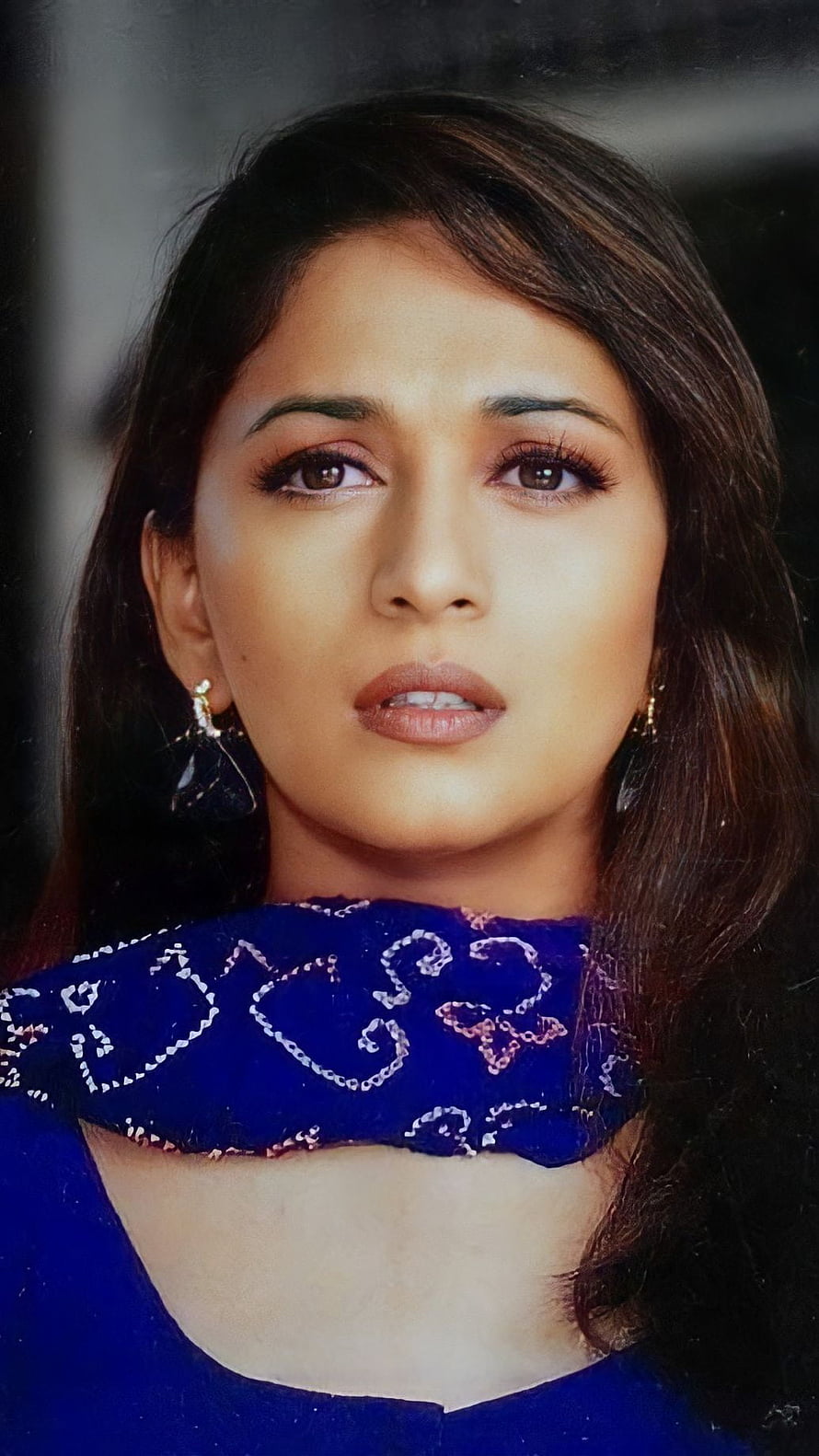 Madhuri Dixit Portrait in Blue Embroidered Attire with Traditional Earrings HD phone wallpaper