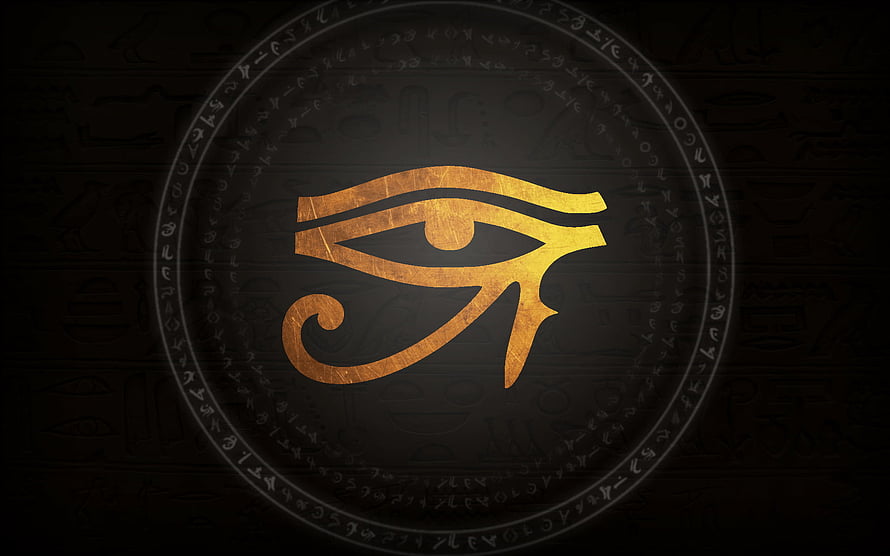 Golden Eye of Horus Symbol on Dark Egyptian Hieroglyph Background HD wallpaper