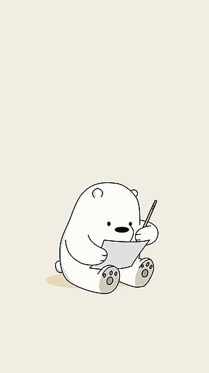 Ice Bear from We Bare Bears Sitting and Writing on a Minimalist Beige Background HD phone wallpaper