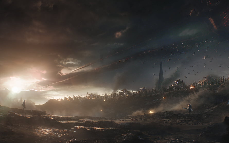 Captain America Endgame Battle Scene with Massive Army and Dramatic Sky HD wallpaper