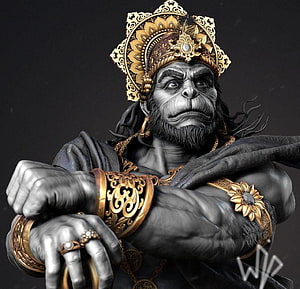 Hanuman 3D Digital Sculpture with Ornate Golden Crown and Armlets, Hanuman Ji Live , Hanuman PC HD wallpaper