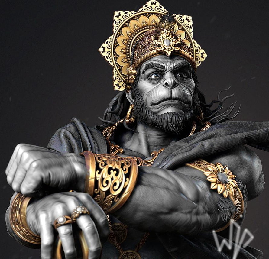 Hanuman 3D Digital Sculpture with Ornate Golden Crown and Armlets HD wallpaper