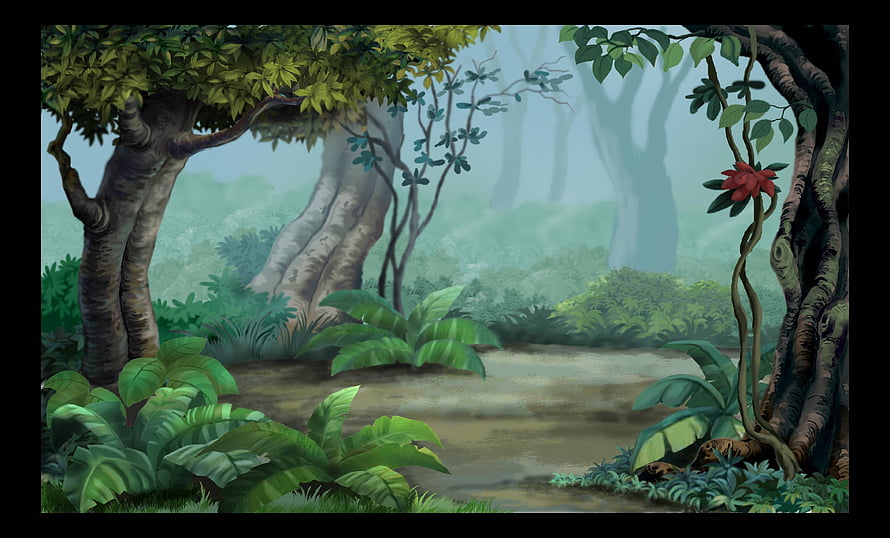Lush Cartoon Jungle Scene with Dense Foliage and Misty Forest Path HD wallpaper
