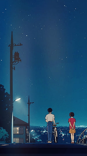 Whisper of the Heart Night Scene with Two Characters Gazing at Starry Sky and City Lights HD phone wallpaper