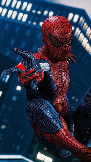 Spider-Man in Advanced Red and Blue Suit Crouching on Urban Rooftop, Spiderman, hollywood movie HD phone wallpaper