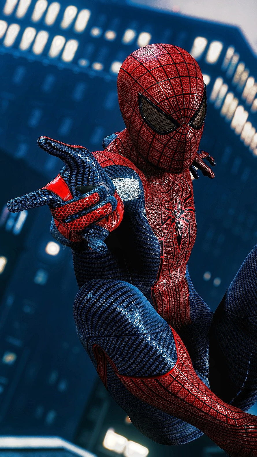 Spider-Man in Advanced Red and Blue Suit Crouching on Urban Rooftop, Spiderman, hollywood movie HD phone wallpaper