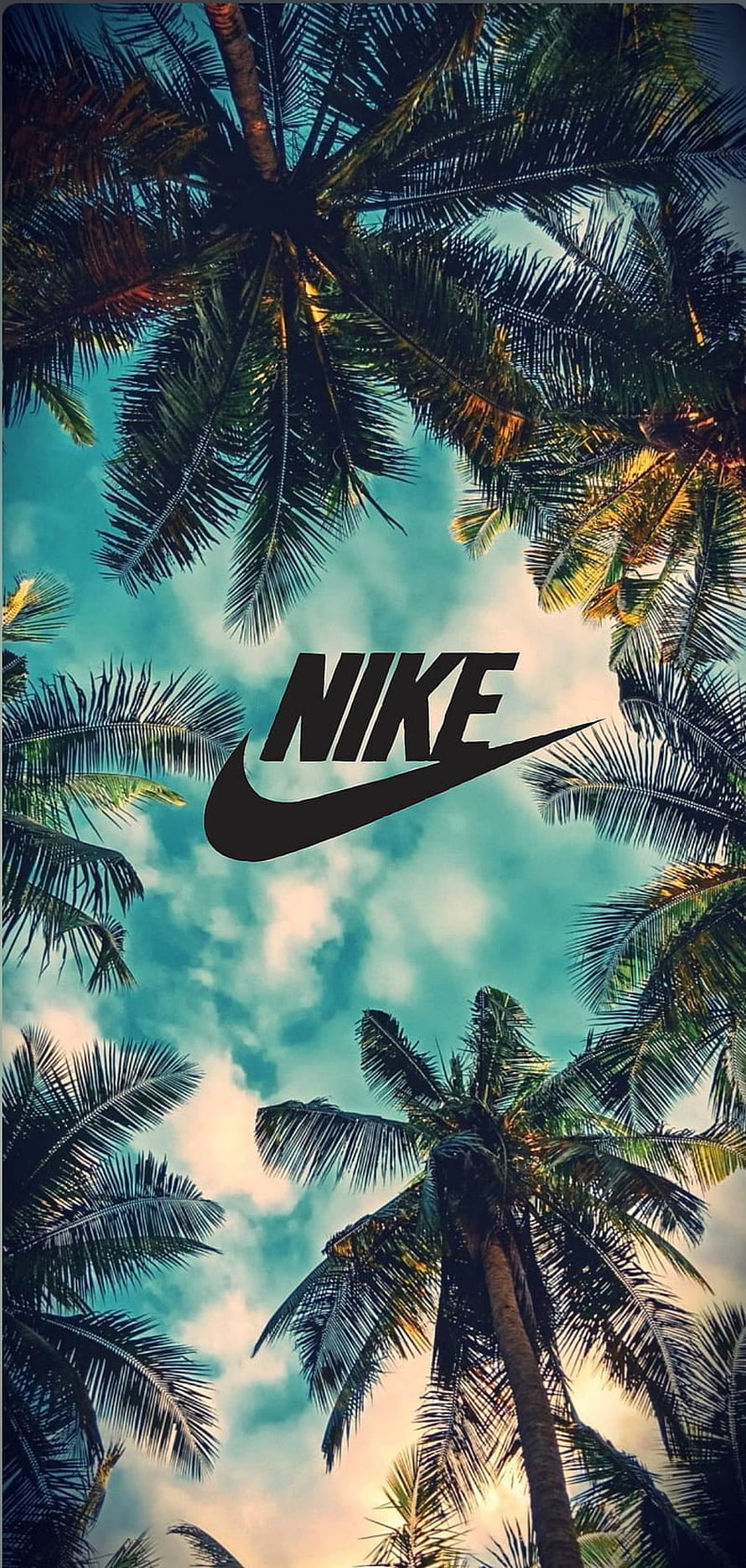 Nike Logo Centered Against Tropical Palm Trees and Blue Sky HD phone wallpaper