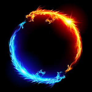Fire and Ice Dragon Circle with Blue and Orange Flames on Black Background HD phone wallpaper