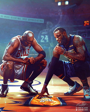 Kobe Bryant, Michael Jordan, and LeBron James Crouching Over a Lakers Jersey on the Court HD phone wallpaper