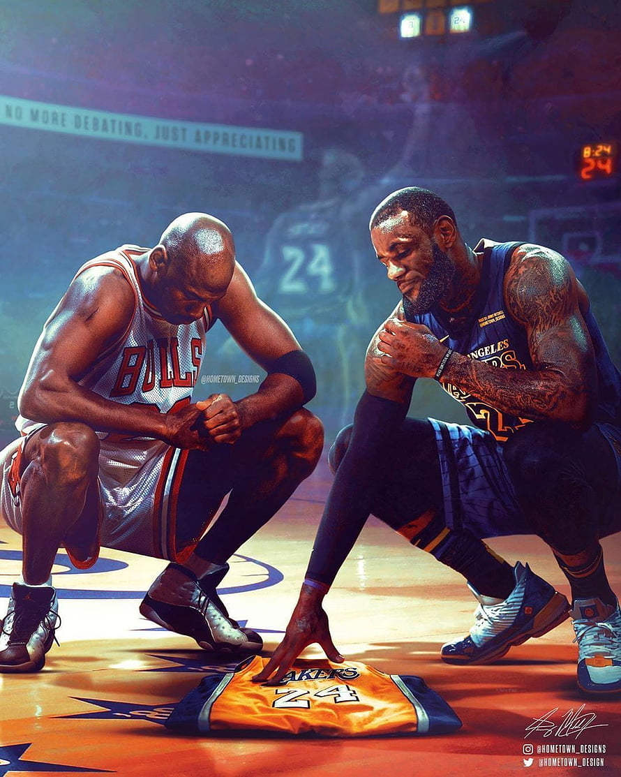 Kobe Bryant, Michael Jordan, and LeBron James Crouching Over a Lakers Jersey on the Court HD phone wallpaper
