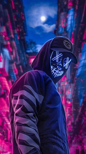 Cyberpunk Hacker in Glowing LED Mask Amidst Neon City Lights HD phone wallpaper