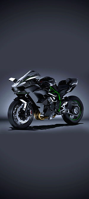 Kawasaki Ninja H2R Superbike in Matte Black and Green on Dark Studio Background HD phone wallpaper