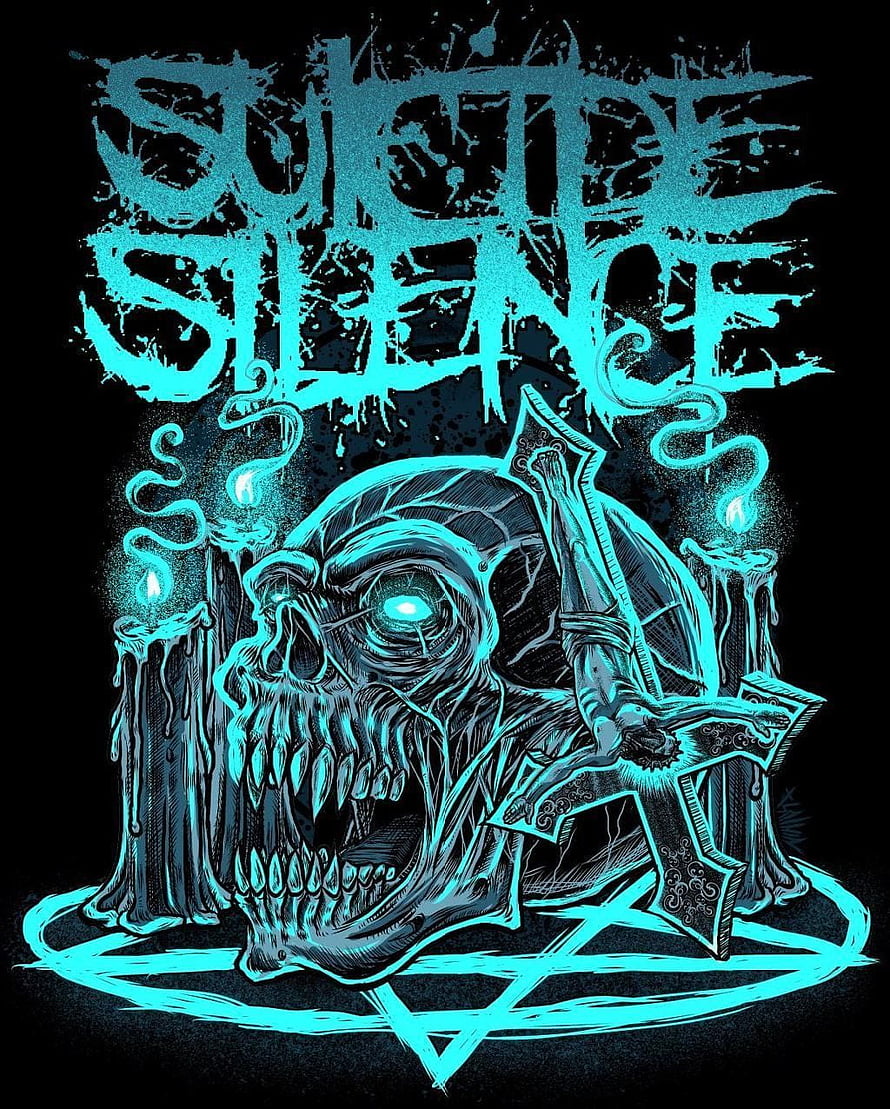 Suicide Silence Band Artwork Featuring Glowing Skull, Pentagram, and Candles in Cyan Ink Style HD phone wallpaper