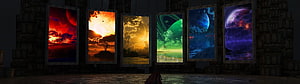 Six Colorful Alien Planet Landscapes Displayed on Hanging Panels in a Dark Room HD wallpaper