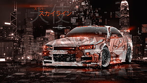 Nissan Skyline GT-R R34 Anime Girl Art Car in Neon Cityscape HD wallpaper