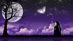 Mystical Silhouette Under a Full Moon with a Glowing Butterfly in a Purple Night Sky HD wallpaper