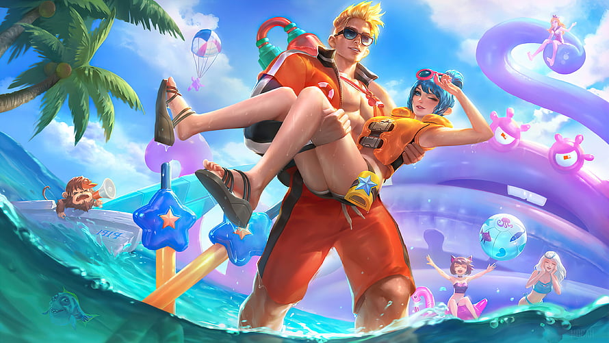 Claude and Fanny Lifeguard Skin Artwork from Mobile Legends Bang Bang Summer Beach Scene HD wallpaper