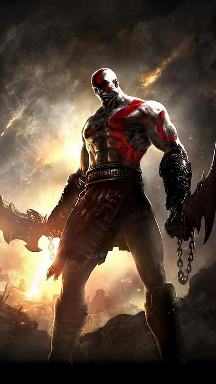 Kratos from God of War 3 standing with Blades of Chaos in a fiery battlefield HD phone wallpaper